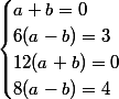 \begin{cases} a+b=0\\ 6(a-b)=3\\12(a+b)=0 \\8(a-b)=4\end{cases}